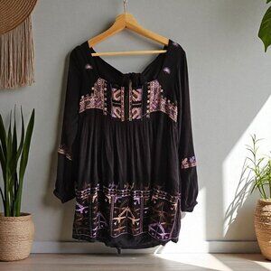 Vintage Free People Rhiannon Black Boho Tunic Mini Dress Size Small